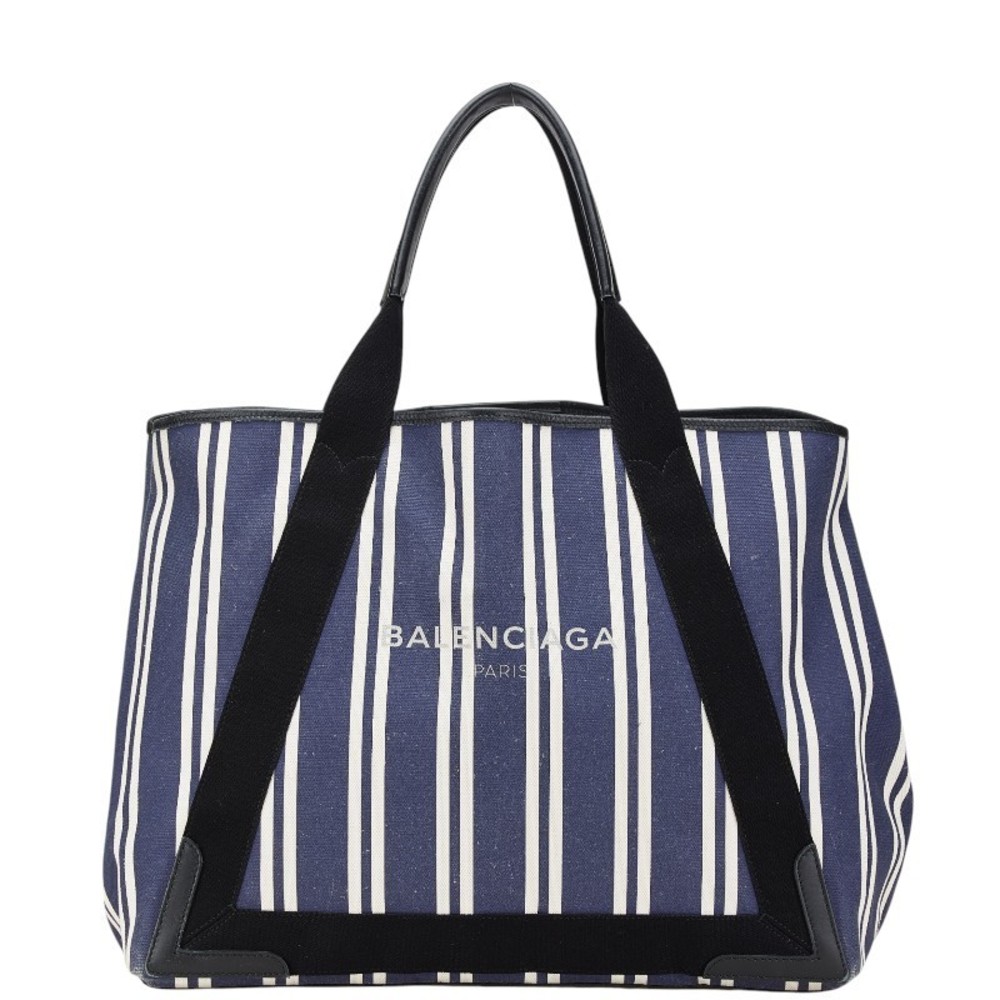 Balenciaga Navy Blue Cabas M Handbag Tote Bag White Canvas Leather s